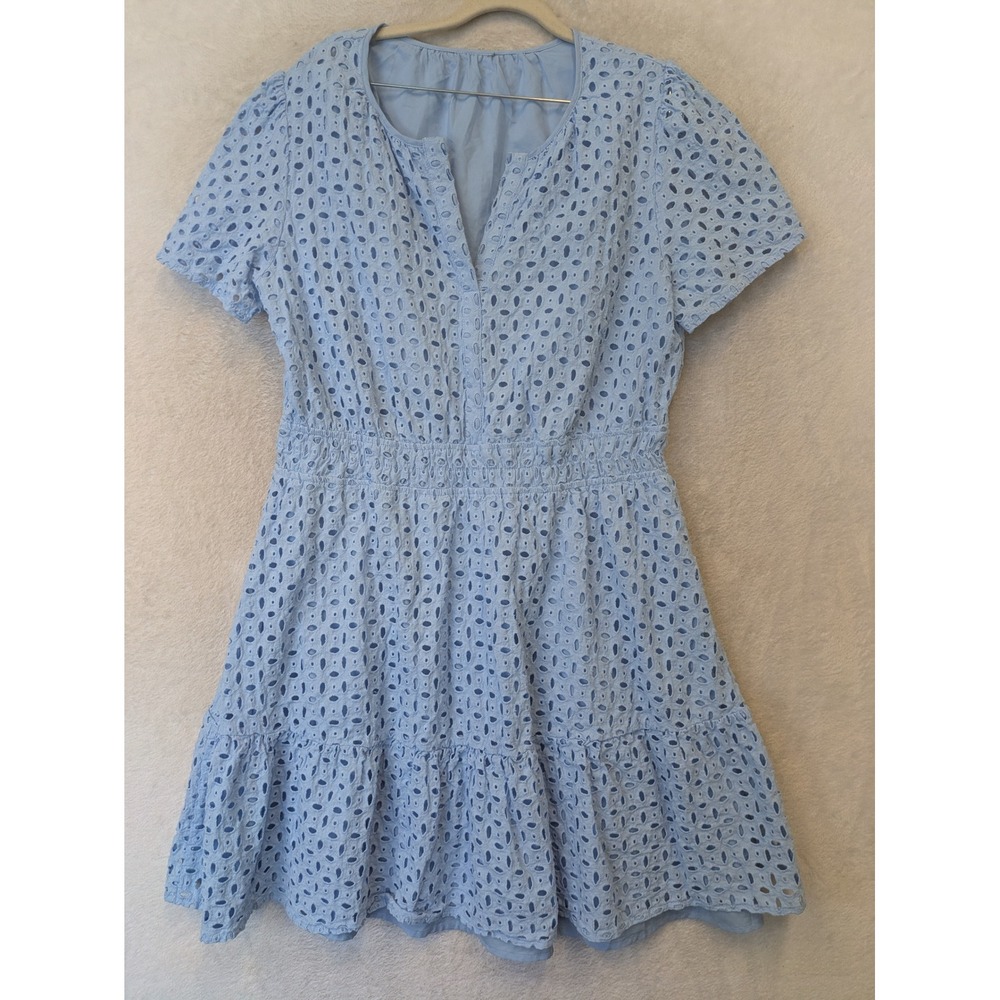 Sheinโ Eyelet Lace Dress Women's XL Light Blue Smocked Waist Tiered Short Sleeve